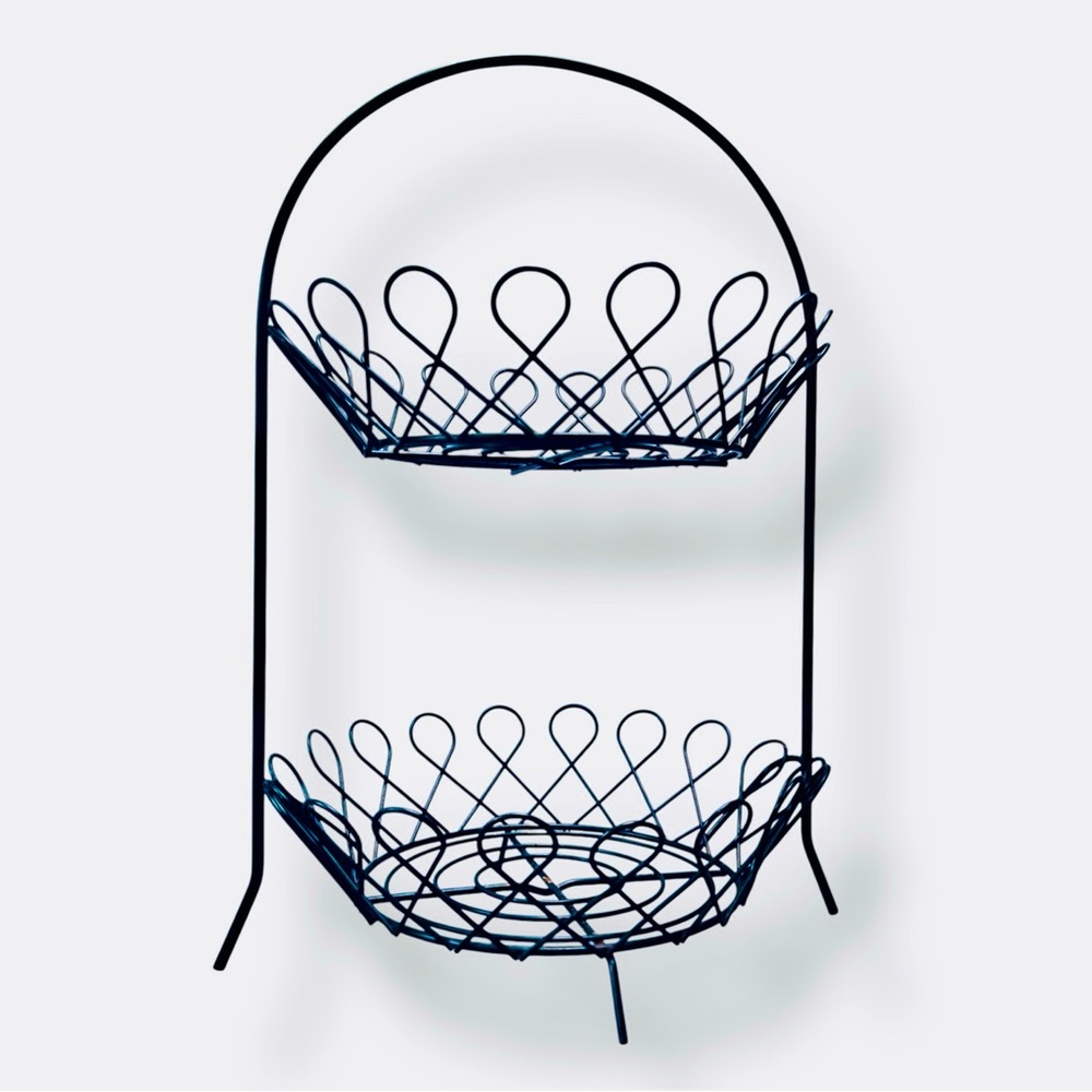 VINTAGE Black Wrought Iron Metal Two-Tier Basket Fruit Stand w Handle 18” Tall